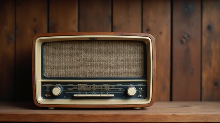 Fototapeta premium Vintage wooden radio on a wooden table against a rustic wooden backdrop captures a nostalgic ambiance of a cozy living space