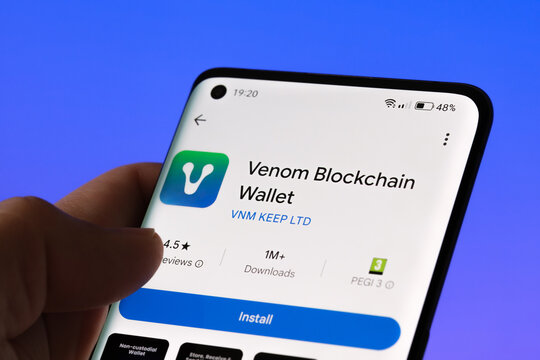 Venom Blockchain Wallet app displayed on a smartphone screen, showing the installation option. This non-custodial wallet by VNM KEEP LTD 
