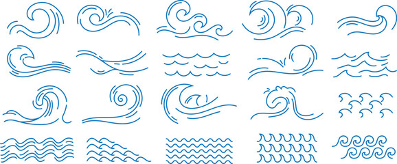 Line water wave. Simple sea linear icons, ocean storm wave and splashes abstract doodle symbols. Wavy blue river stream, surf logo elements, marine nautical vector isolated signs. © Frogella.stock