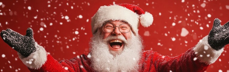 A joyful Santa Claus celebrating Christmas with snowy background, dressed in traditional attire and welcoming the festive season. With copy space for text. Wide web banner.
