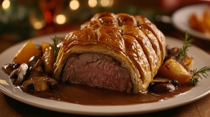 Classic beef Wellington with flaky pastry crust, served with a rich mushroom sauce