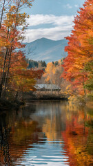 Autumn nature illustration of a tranquil lake surrounded by colorful foliage and mountains