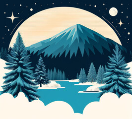 Night landscape illustration scene at forest with full moon and stars flat style landscape. Design for banner, postcard, banner, cover.generative ai