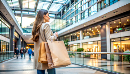 woman holding shopping bags in a mall interior, Christmas, Black Friday, New Year's