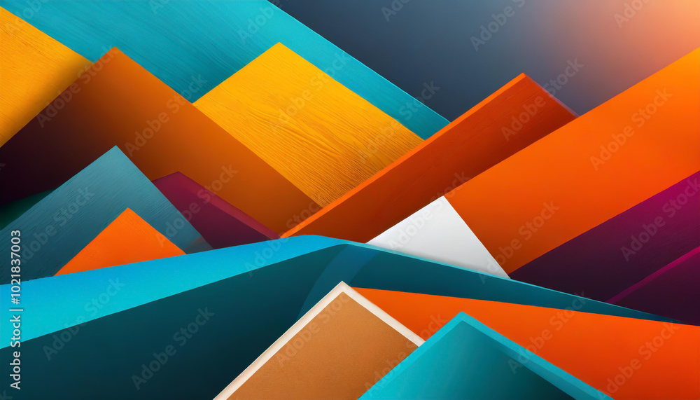 Poster colorful geometric shapes creating a vibrant abstract landscape with layers of textures and hues in 