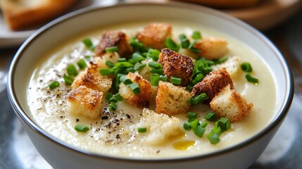 Creamy cauliflower soup garnished with truffle oil, crispy croutons, and fresh chives
