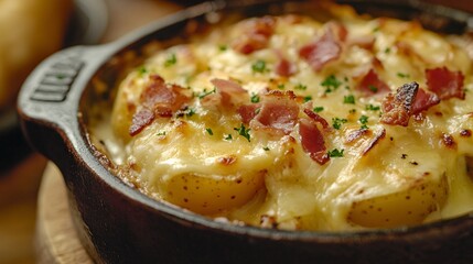 Creamy French tartiflette with melted cheese, potatoes, bacon, and onions