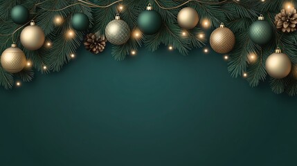 This flat lay arrangement showcases festive green and gold Christmas decorations, including ornaments and pine branches, all set against a dark teal backdrop with twinkling lights