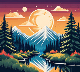 Night landscape illustration scene at forest with full moon and stars flat style landscape. Design for banner, postcard, banner, cover.generative ai