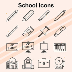 Icons of school-related activities, buildings, and supplies.