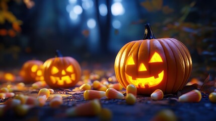 Fototapeta premium Pumpkin lanterns and candy corn scattered on a fun Halloween background, viewed from the side.