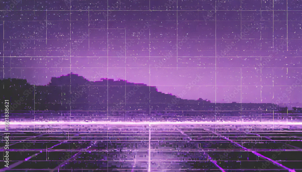 Poster a serene purple landscape at dawn with digital grid patterns and mist over distant hills creating a 