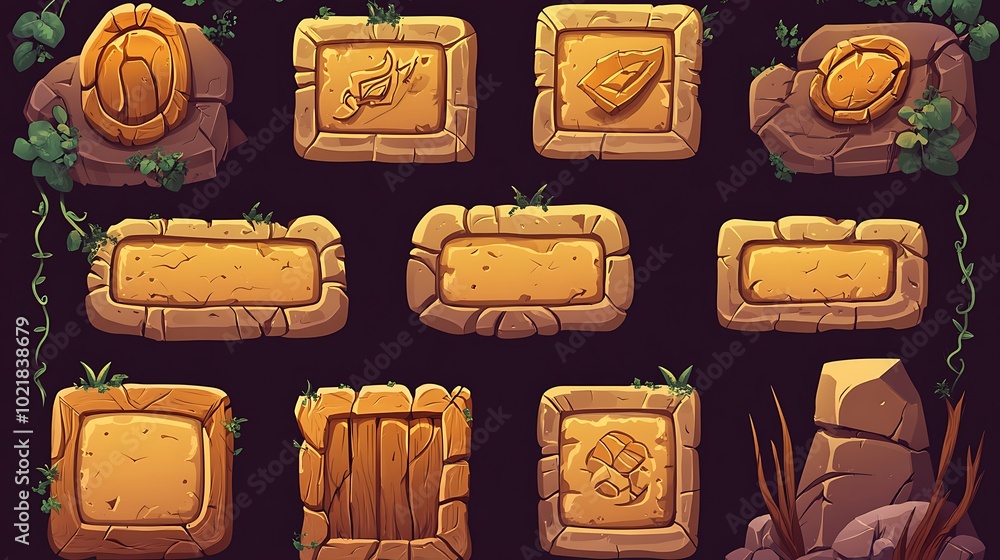 Poster stone ui elements for game design. set of 12 cartoon textured buttons, frames, and doors for adventu