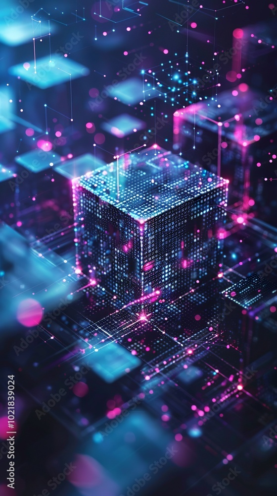 Poster neon lit digital cube abstract with futuristic tech vibes