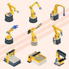 Isometric icons of robotic machinery and industrial robots.
