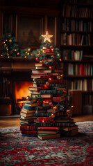 background christmas tree decorated with educational books, illuminated with lights, symbolizing the prosperity of education during the new year and christmas season