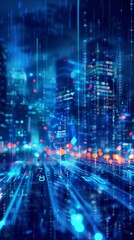 Fototapeta premium Abstract digital background with blue lights and binary code, dark cityscape....