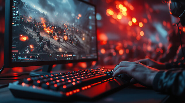 Hyper-realistic 3D rendering of a gamer playing a military strategy game, using a custom keyboard and mouse to direct troops on the battlefield.
