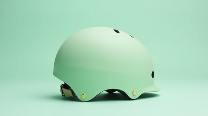 A stylish light green helmet displayed against a mint green background, showcasing its design and color in a simple yet appealing setup