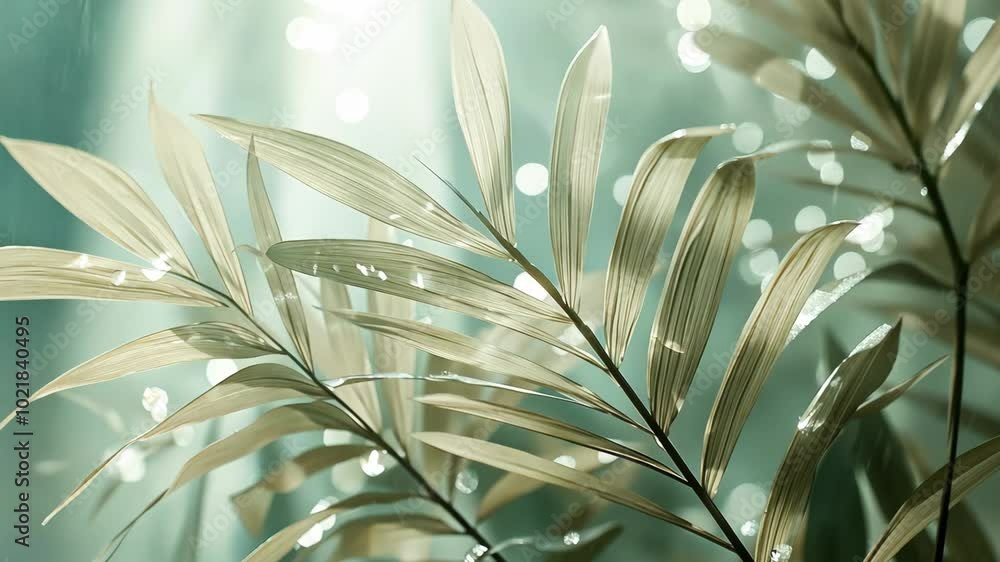 Aufkleber a close-up view of long, thin leaves illuminated by the sun's rays filtering through a window