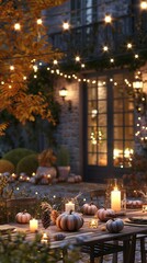 An outdoor dining area decorated with pumpkins and candles, surrounded by...