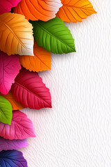 Fototapeta premium Vibrant autumn leaves in pink, orange, green, and yellow against textured white background, contrast evokes a playful, celebratory autumn feel. Concept: Playful autumn copy space
