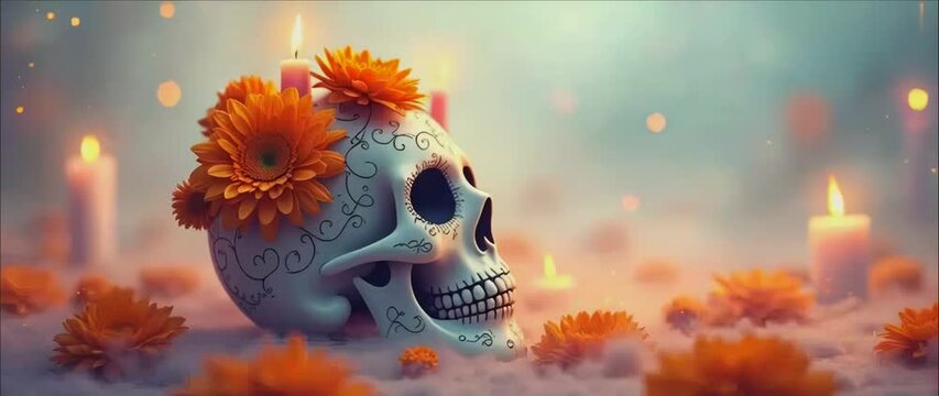 dia de los muertos head skull and candles.  HD Video Background