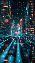 Digital data technology background with blue light and dark black, glowing...