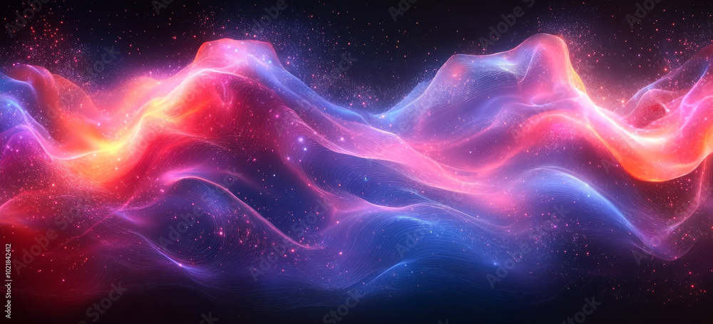 Poster vibrant colorful abstract waves in cosmic space. colourful waves of light swirl against a dark backg