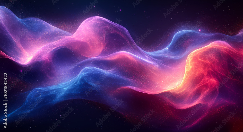 Poster vibrant waves in a starry cosmos. vibrant waves of color swirl in a cosmic scene, creating an enchan