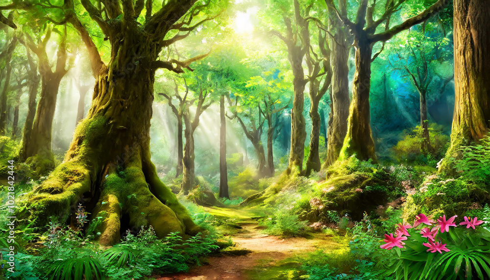 Poster enchanted forest path with sun rays filtering through towering trees and vibrant foliage during a br