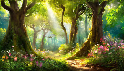 Naklejka premium A serene forest path lined with colorful flowers and sunlight filtering through the trees in the early afternoon