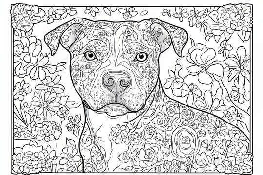 Adult Coloring Page, Floral Dog Portrait, Intricate Design, Pit Bull, Flowers, Relaxation