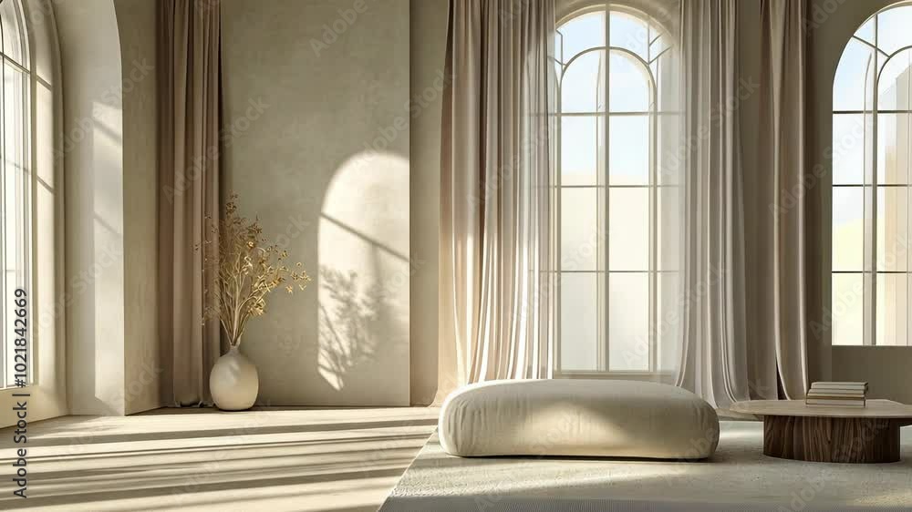 Poster sunlight streams through large windows in a spacious room with white curtains, casting long shadows 