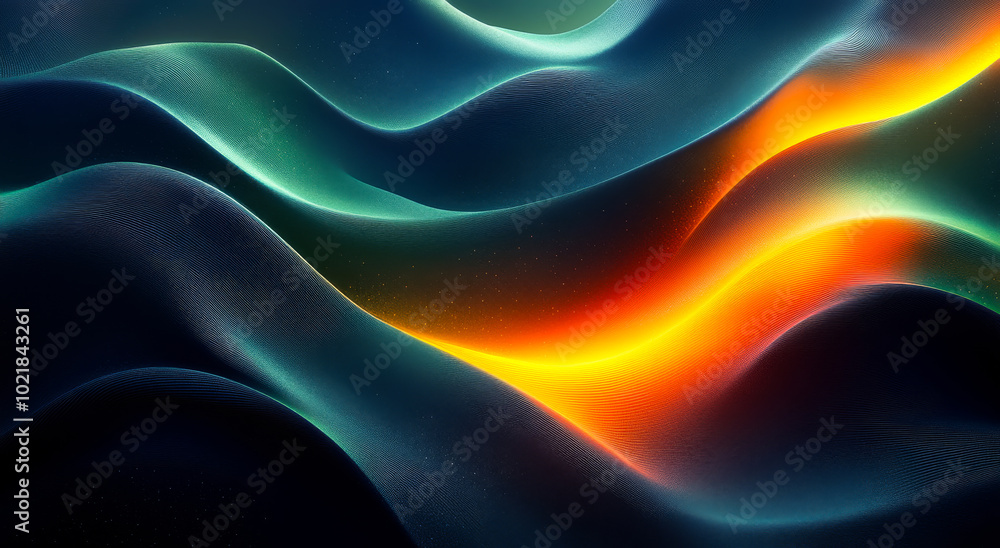 Poster colorful abstract waves flowing in motion at night. dynamic curved patterns of vibrant colors create