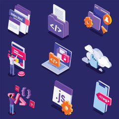 Isometric icons depicting programming and coding-related activities.