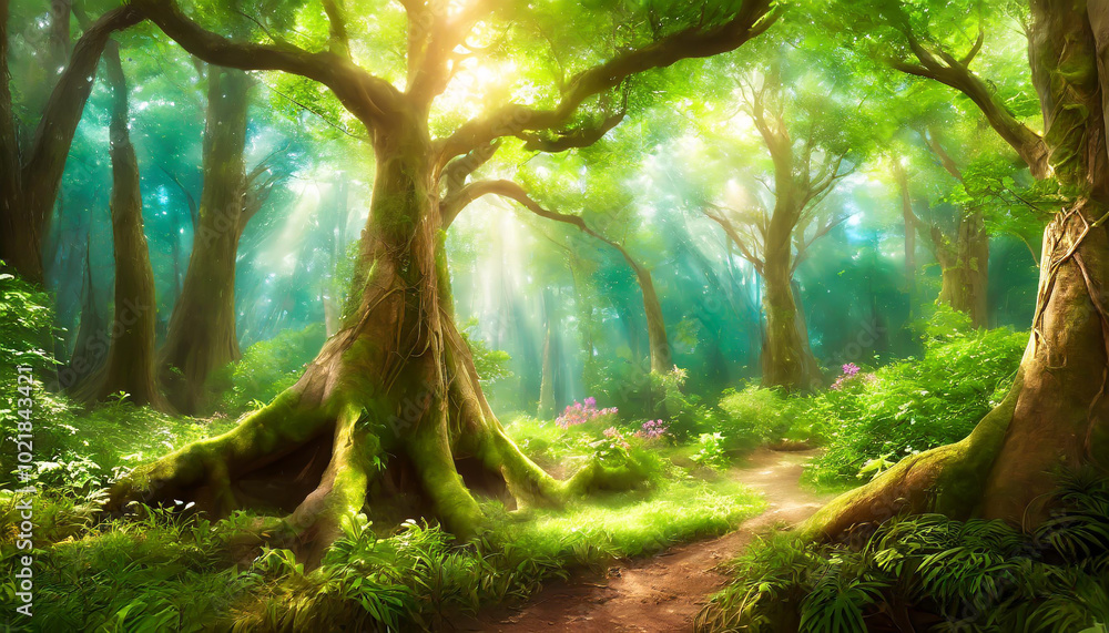 Poster lush green forest path illuminated by sunlight filtering through tall trees during a serene morning 