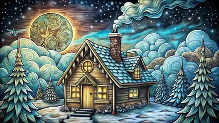 Obraz premium Cozy Cabin in a Dreamy Winter Wonderland – Perfect for Fantasy-Themed Art, Holiday Cards, or Posters Celebrating the Magic of Winter and Fairy Tale Landscapes.