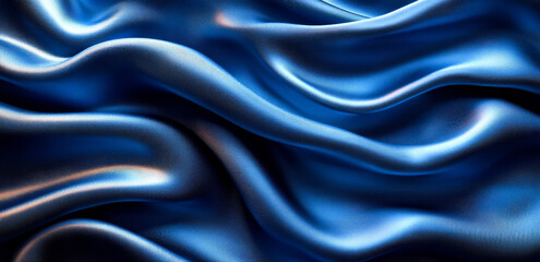 Obraz premium Luxurious blue satin fabric draped gracefully. The smooth blue satin fabric flows elegantly, showcasing its soft texture and sheen under warm lighting, creating a rich visual appeal.