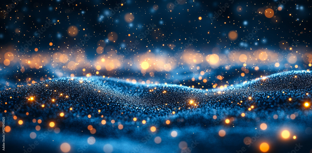 Poster glowing particles shimmer on dark waves. a mesmerizing display of shimmering particles dances over d