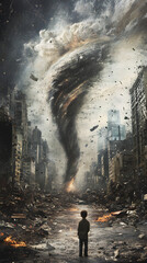 Fototapeta premium Child Facing the Fury: A Boy Stands Before a Massive Tornado in a Post-Apocalyptic Cityscape