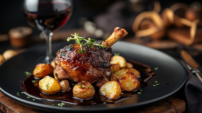 Luxurious duck confit with crispy skin, served over roasted potatoes and a rich red wine reduction