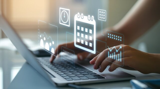 A close-up view of hands typing on a laptop with holographic icons representing digital tools for productivity and scheduling, showcasing modern technology in a work environment.