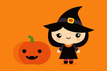 Cute little witch and halloween pumpkin on orange background. Halloween party. Copy Space.