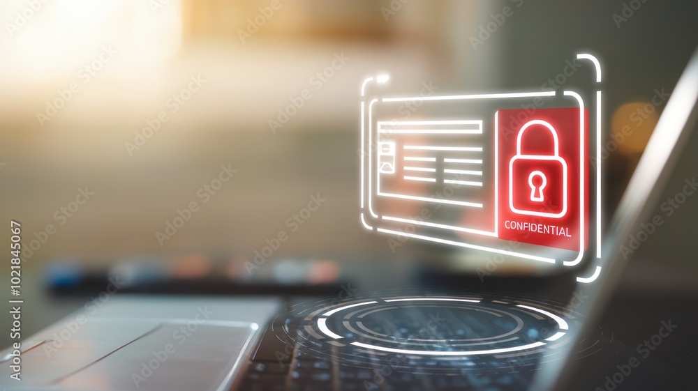 Poster a modern laptop displaying a holographic concept of digital security with a lock symbol, emphasizing