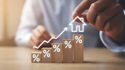 A hand placing a house icon on a rising graph with percentage symbols, symbolizing growth in real estate and economic success.