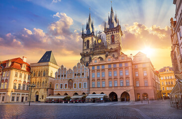 Prague, Czech Republic. Panoramic sunset view at Church of Our Lady Before Tyn the Old Town Square...