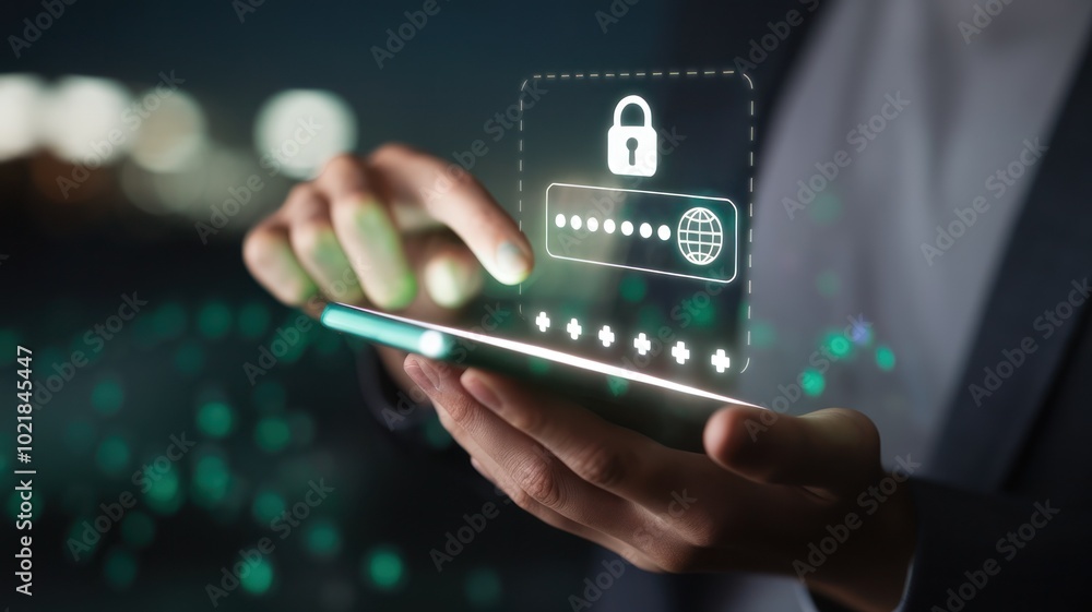 Poster a person using a smartphone with a digital security interface, emphasizing online protection and pas