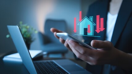 A person using a tablet to analyze housing market trends, featuring graphical indicators of property values, in a modern office setting.