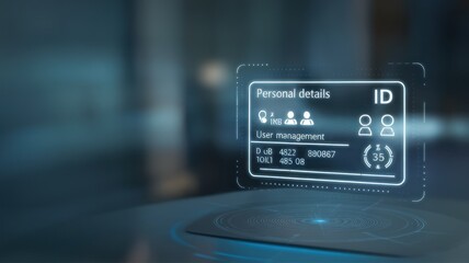 Futuristic holographic ID card displaying personal details and user management features, glowing in a modern interface.